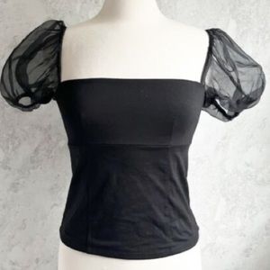 Cinq a Sept sheer puff sleeve black top